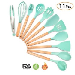 Utensílios de cozinha de silicone - com cabo de madeira - 11 peças