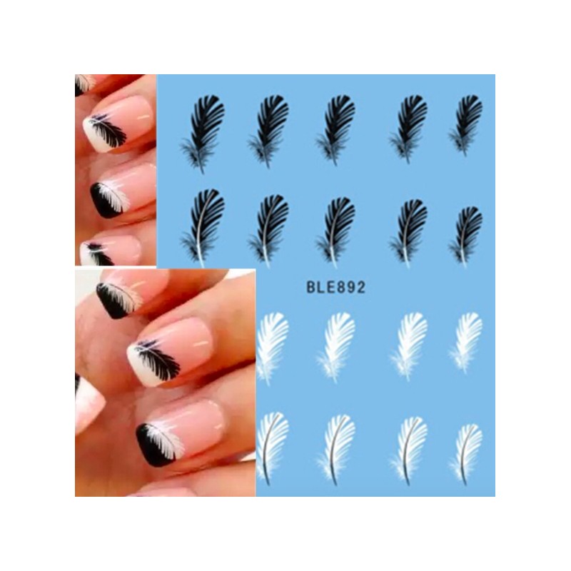 Penas pretas / brancas - adesivos para unhas - nail art - 20 peças
