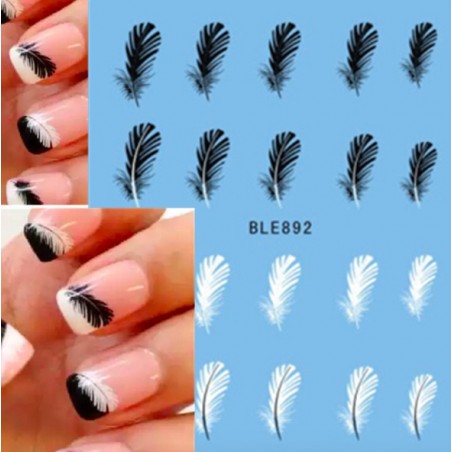 Penas pretas / brancas - adesivos para unhas - nail art - 20 peças
