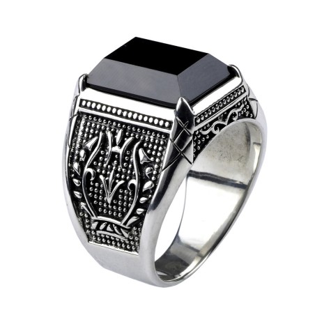 Sinete masculino retrô - com pedra ônix preta - prata esterlina 925