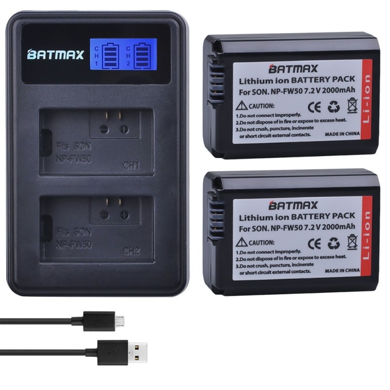 2000mAh NP-FW50 NP FW50 bateria da câmera - LCD USB carregador duplo - para Sony Alpha a6500 a6300 a6000 - 2 peças