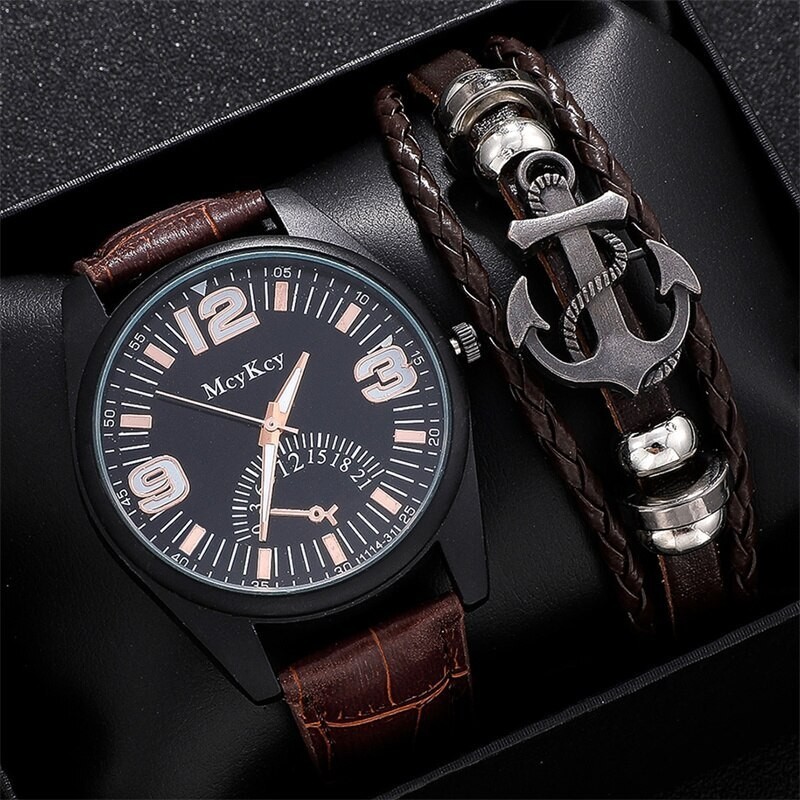 Relógio de quartzo elegante - com pulseira de couro - conjunto