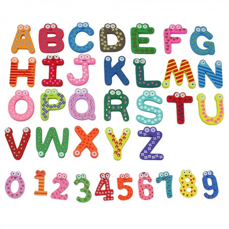 Ímãs de geladeira de madeira - letras / números coloridos