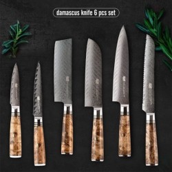Conjunto de facas Damasco - lâmina afiada - cabo de madeira - suporte magnético - 6 peças