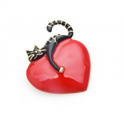 Coração vermelho com gato preguiçoso - broche de esmalte