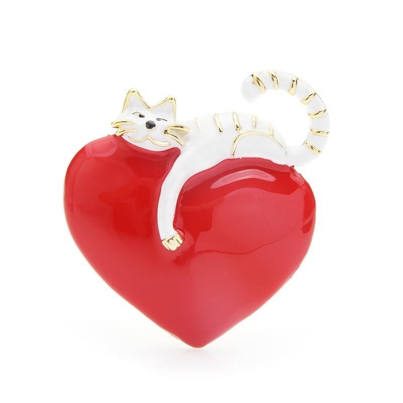 Coração vermelho com gato preguiçoso - broche de esmalte