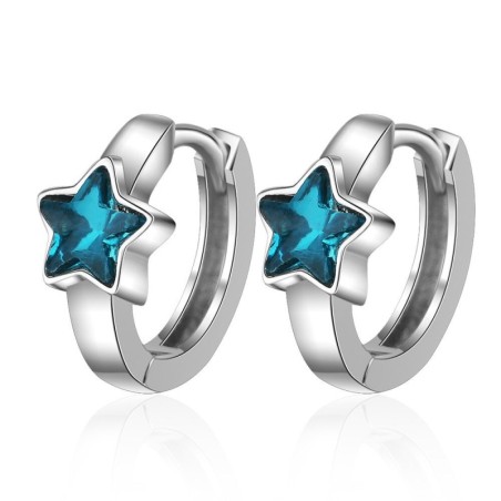 Brincos redondos de prata com estrela de cristal azul