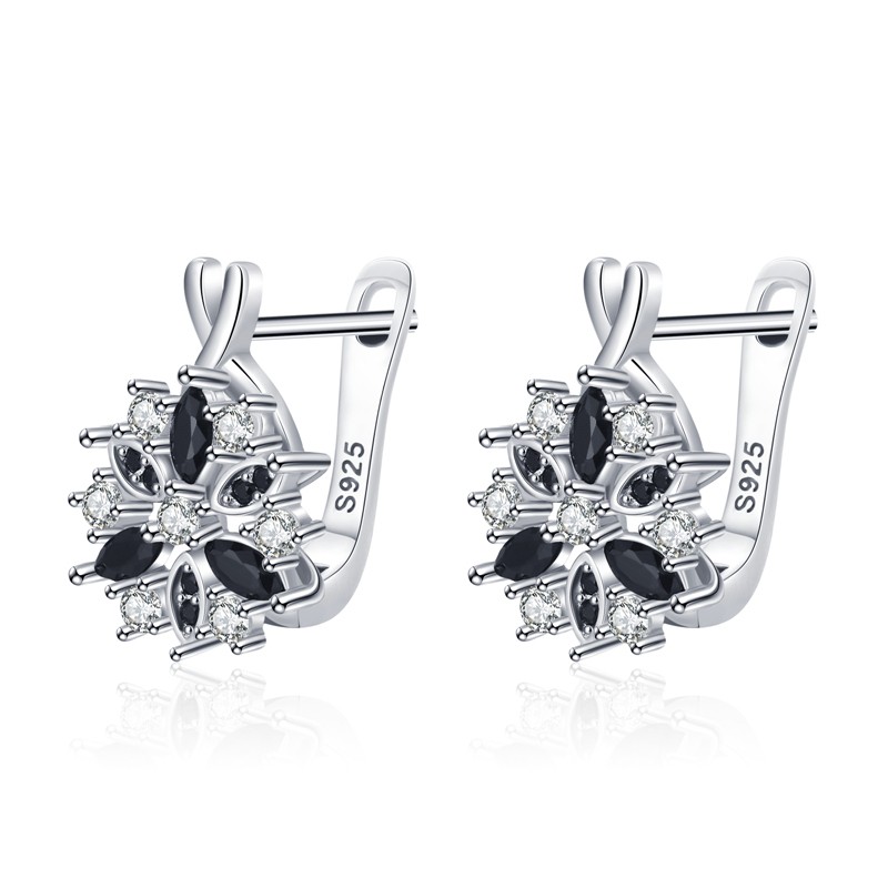 Elegantes brincos de prata - com flor de cristal branco/preto
