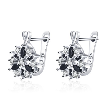 Elegantes brincos de prata - com flor de cristal branco/preto