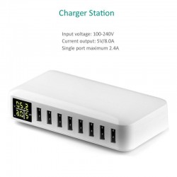 40W - Carregador inteligente - multiportas - 8 USB - 5V 8A - LED
