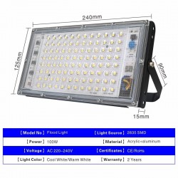 100W - AC 220V 230V 240V - Holofote LED - IP65 à prova d'água - refletor externo