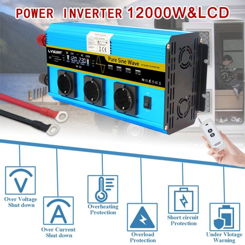 DC 12V to AC 220V 230V - 12000W - sine solar power inverter - LCD voltage display - wireless remote controlInverters DC 12V to AC 220V 230V - 12000W - sine solar power inverter - LCD voltage display - wireless remote controlInverters