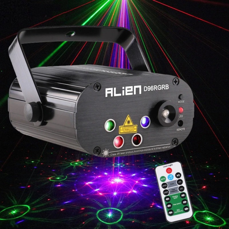 Mini luz de palco - projetor laser - com controle remoto - RGB - LED - 96 padrões Mini luz de palco - projetor laser - com controle remoto - RGB - LED - 96 padrões