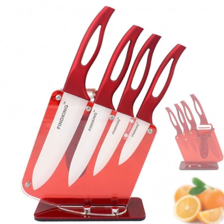 Conjunto de facas de cozinha em cerâmica - com suporte - cabos vermelhos