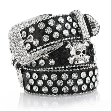 Cinto feminino com caveira e diamantes - estilo punk - 115cm - 45 polegadas