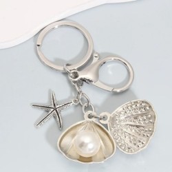 Fashion pearl starfish shell alloy keychain silver color sea key chains for making handmade DIY jewelry accessories findingsK...