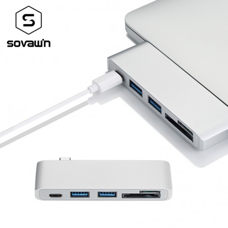 5 em 1 USB 3 Hub Multi Tipo C Splitter Leitor de cartão de adaptador