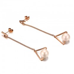 Triângulos e pérolas - rosa brincos longos de ouro