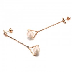 Triângulos e pérolas - rosa brincos longos de ouro
