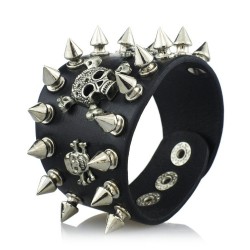 Pulseira de couro gótico com crânio e rebites - unisex