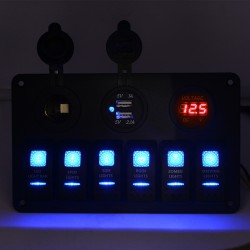 6 Gang 12V painel de interruptor - 5V Dual USB - voltímetro digital