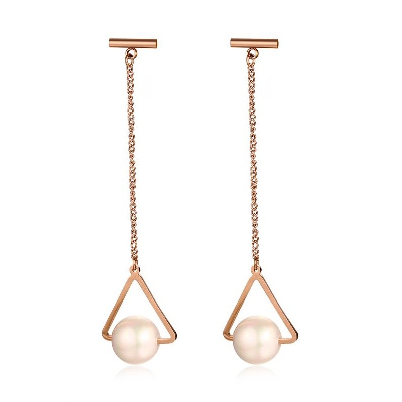 Triângulos e pérolas - rosa brincos longos de ouro