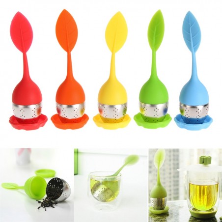 Infusor de chá em forma de folha - estirador de silicone - bule de chá com bandeja de gotejamento