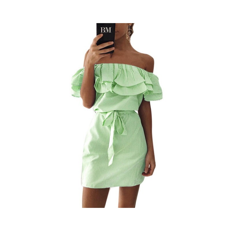 Off shoulders strapless striped ruffles mini dressDresses
