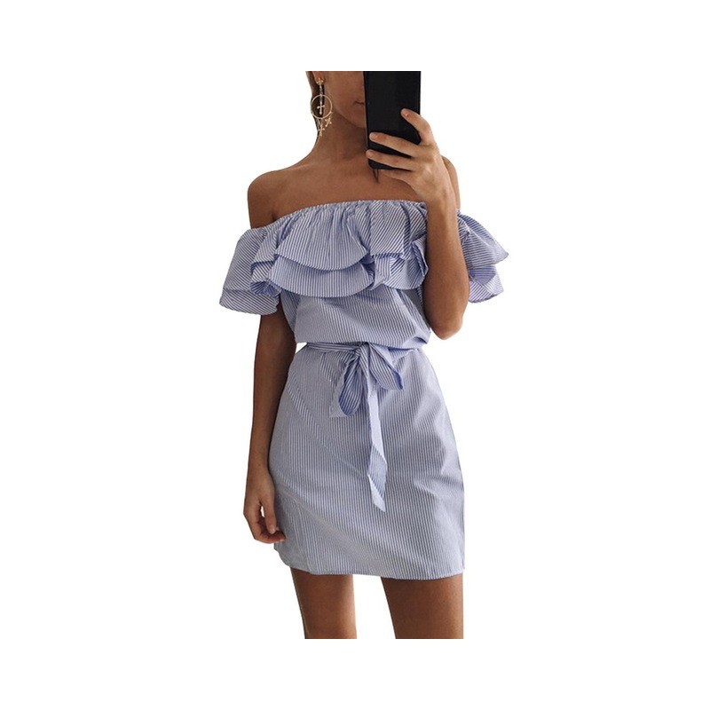 Off shoulders strapless striped ruffles mini dressDresses