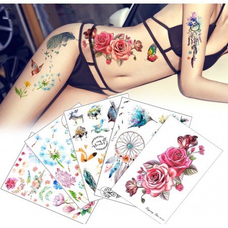 Flor & pássaro adesivo de tatuagem falso temporário