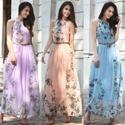 Chiffon floral impressão maxi vestido