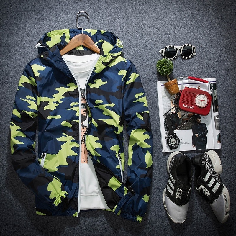 Camuflagem com capuz casaco quebra-vento unisex Camuflagem com capuz casaco quebra-vento unisex
