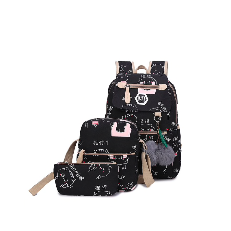USB carregando escola mochila lona 3 pcs conjunto