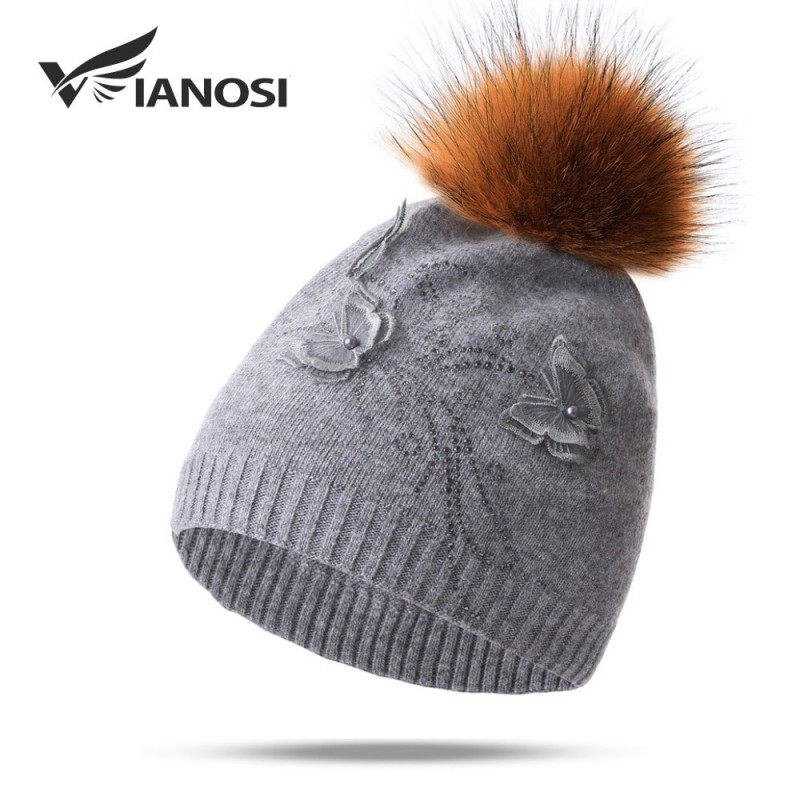 Natural fox fur pompom wool hatHats & Caps