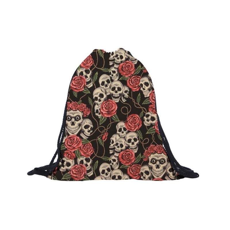 crânio 3D e rosas - mochila cordão - unisex