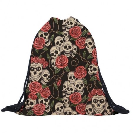 crânio 3D e rosas - mochila cordão - unisex
