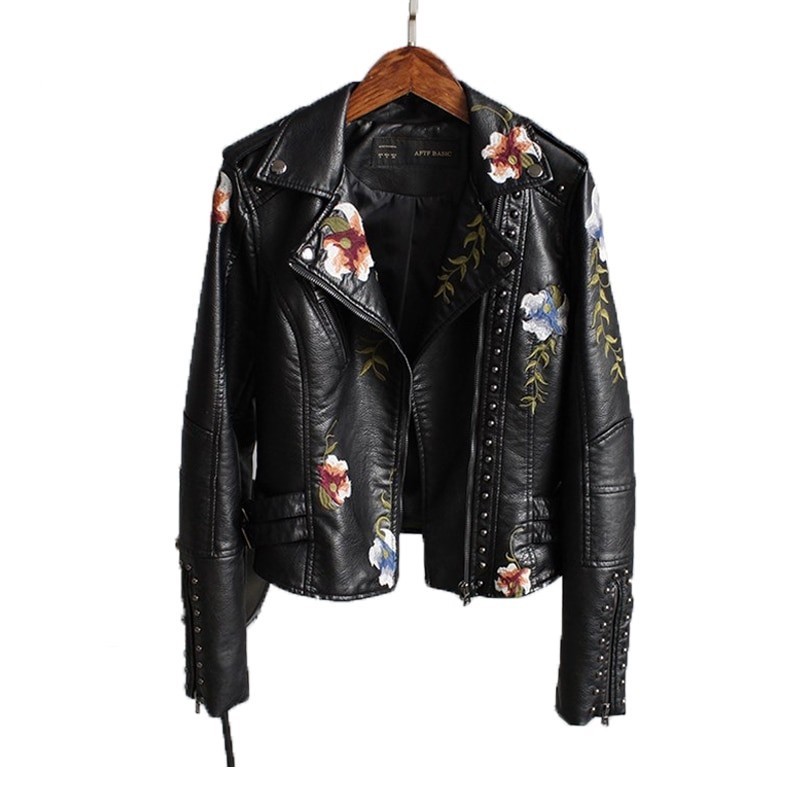 Punk style - bordado floral - jaqueta de couro