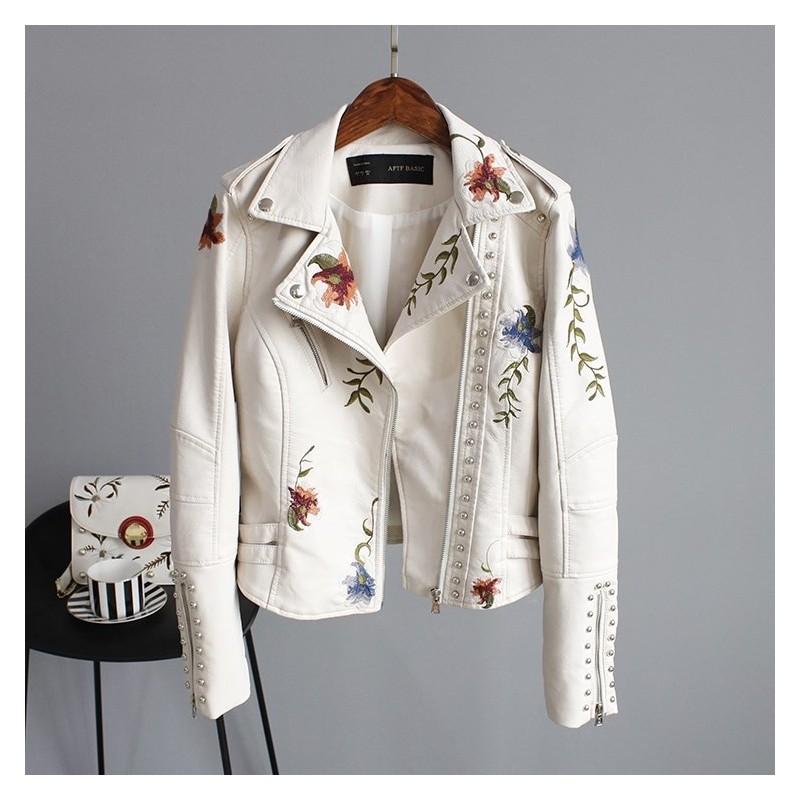 Punk style - bordado floral - jaqueta de couro