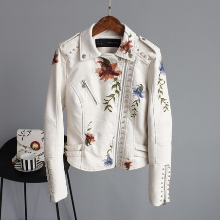 Punk style - bordado floral - jaqueta de couro