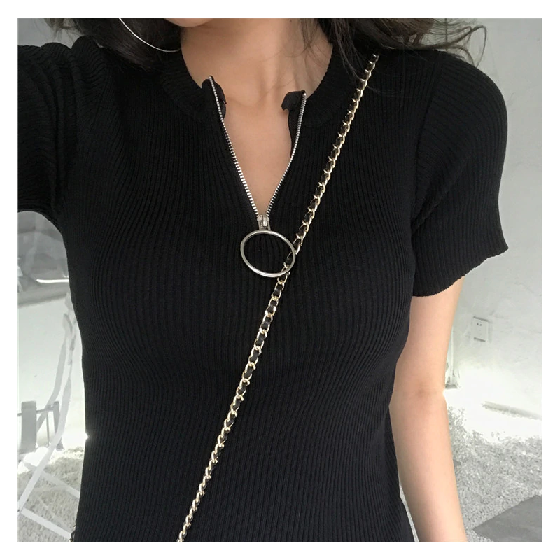 Casual manga curta top com zíper - t-shirt