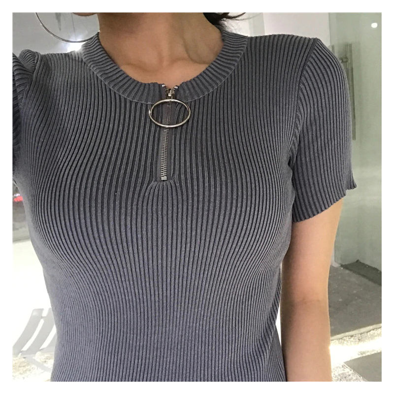 Casual manga curta top com zíper - t-shirt