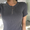 Casual manga curta top com zíper - t-shirt