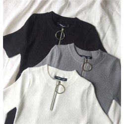 Casual manga curta top com zíper - t-shirt
