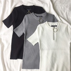 Casual manga curta top com zíper - t-shirt