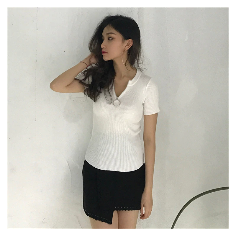 Casual manga curta top com zíper - t-shirt