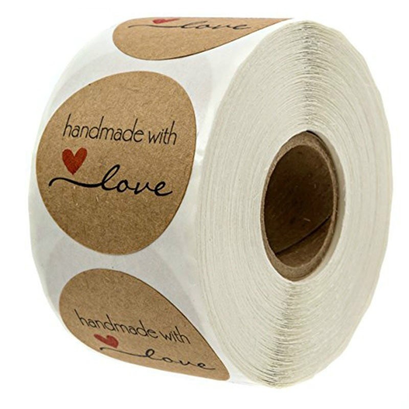 Feito à mão com amor - papel kraft natural - adesivos redondos - 500 peças