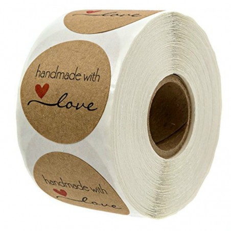 Feito à mão com amor - papel kraft natural - adesivos redondos - 500 peças