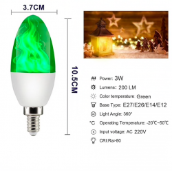 3W 5W 9W - E27 E26 E14 E12 Led 85-265V - bulbo com efeito de fogo - verde