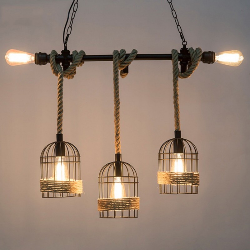 Lâmpada de suspensão de ferro retro com corda de malha de mão - luzes na gaiola