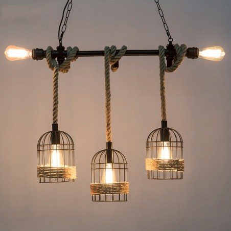 Lâmpada de suspensão de ferro retro com corda de malha de mão - luzes na gaiola